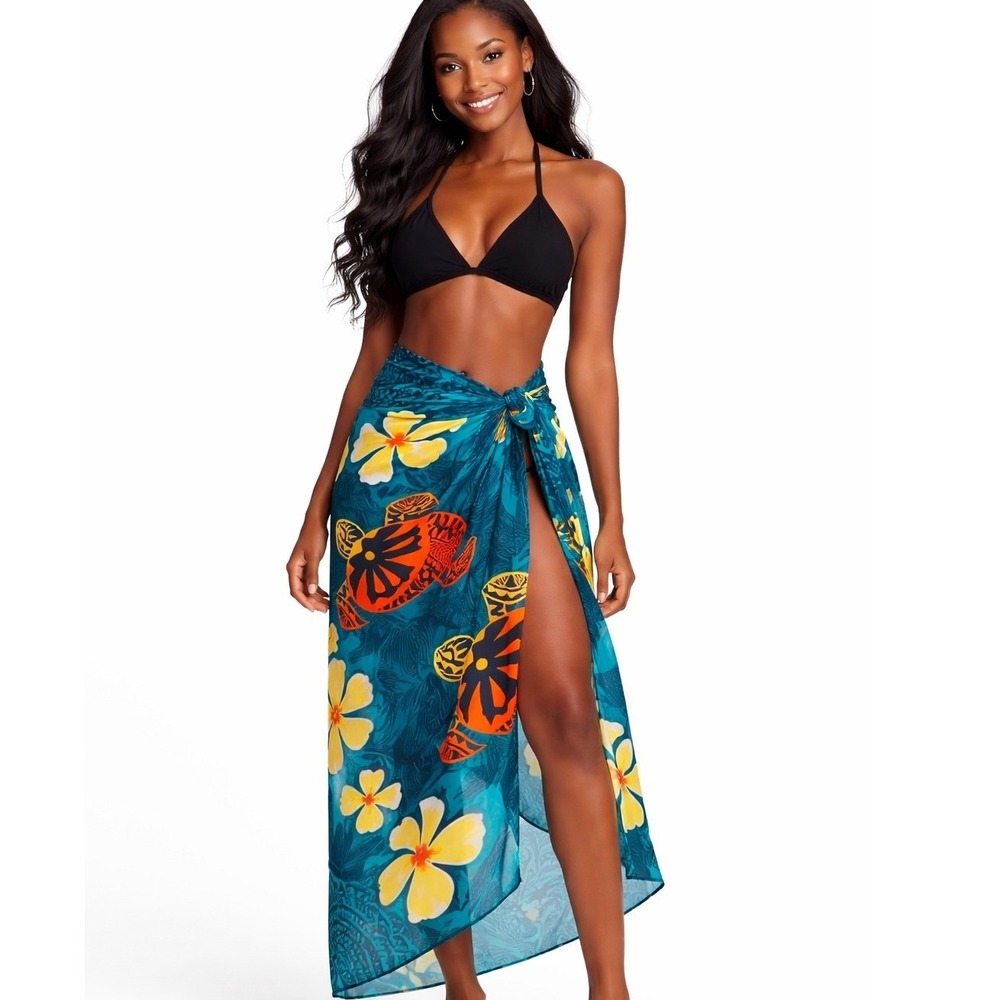 Tahitian‎ Sun7 Turtle Sarong Wrap Teal Floral Beach Cover-Up One Size